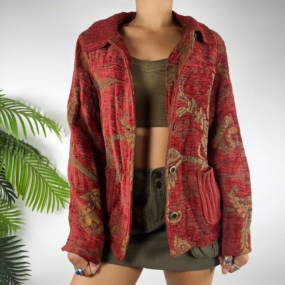 Vintage 90s Red Floral Bohemian Cottagecore Fairy Grunge Jacket Cardigan / S - Picture 4 of 7